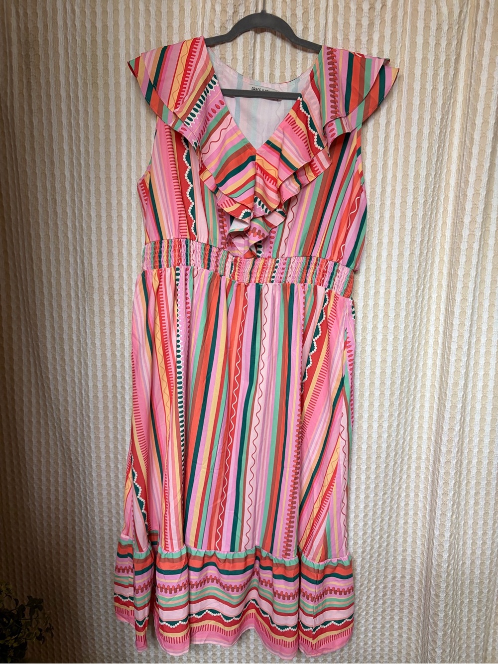 Grace Karin Pink Multi-Stripe Ruffle Dress